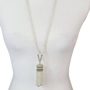 Long Translucent White W/ Champagne AB Faceted Crystal Beaded Tassel Necklace